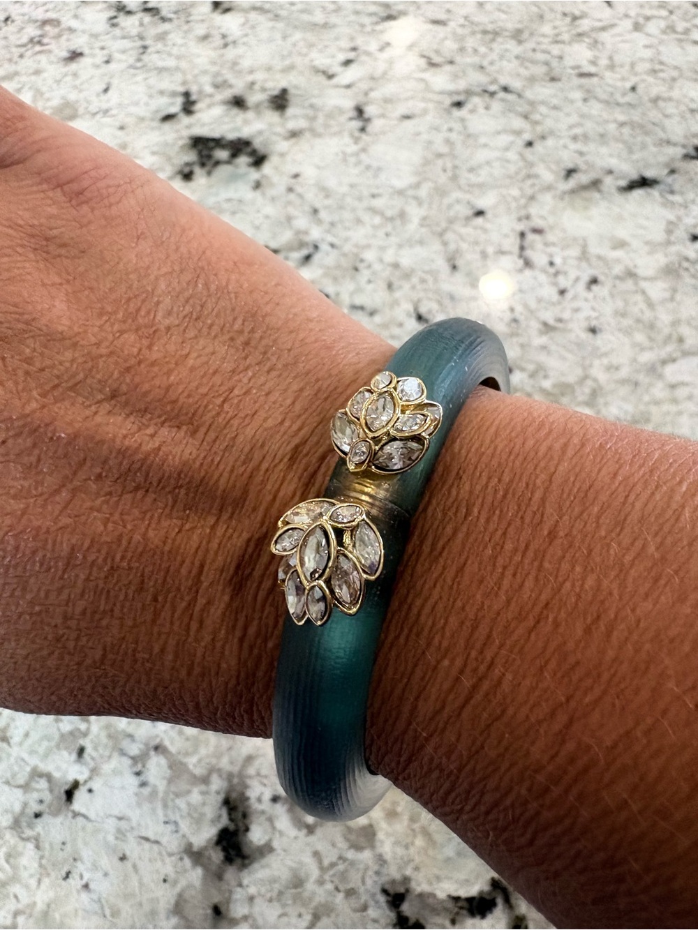 Alexis Bittar Teal Green Bypass Lucite Bracelet w/Gold Floral Crystal Caps NEW